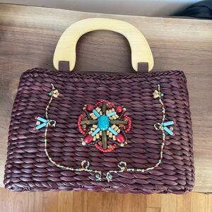 Vintage White Stag Beaded Boho Straw Purse Bag Wood Handle Y2K Brown turquoise